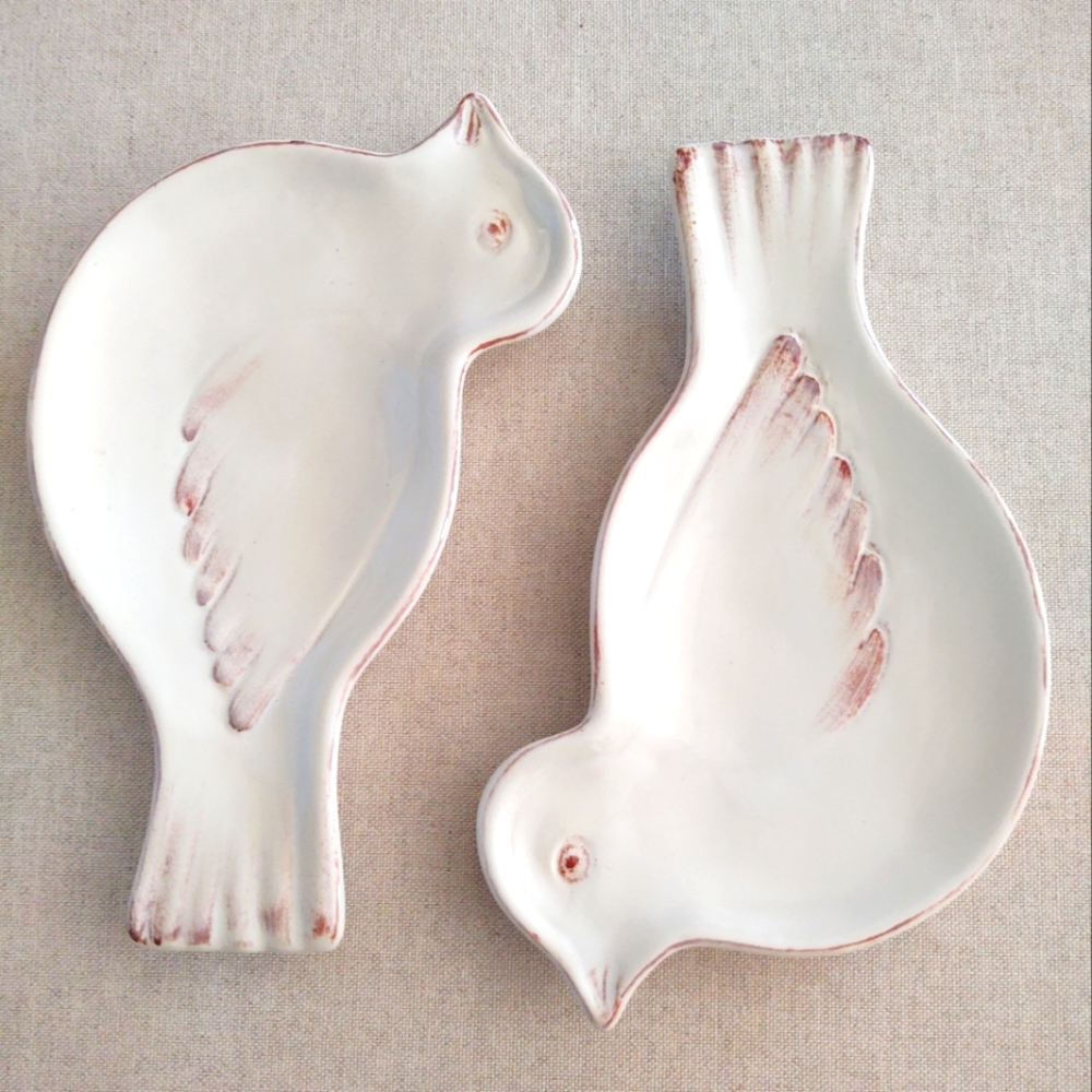 🕊️🕊️White Glazed-Majolica Bird Pottery Set by MaxCera~`•